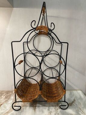Vtg Mid Century Wrought Iron Wicker 5 Bottle Wine Rack Boho MCM